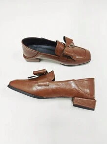 Damen elegante Schleife Dekoration Quadrat Zeh High Heel Pumps, klassischer retro britischer Stil Slip-On Flats, neue lässige weiche Leder bequeme Plateau Damen Schuhe, tägliche vielseitige braune Loafer