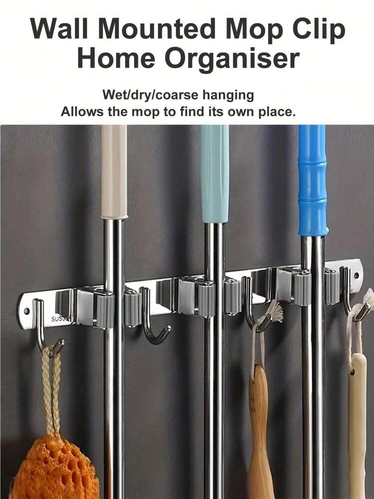 1pc Stainless Steel Mop & Broom Holder - Wall Mounted Broom Storage Rack With Self-Adhesive Hooks, Suitable For Home, Kitchen, Garden, Laundry Room And Garage, Easy Installation And Space-Saving Design - Silver - View 10