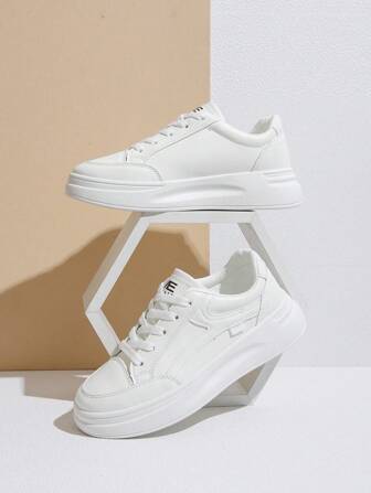 女士厚底系带休闲运动鞋，时尚白色厚底鞋，防水，适合春秋季节