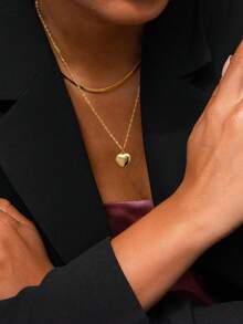 Nooxian 2 件情人节心形元素项链套装女士多层不锈钢扁平蛇链水波链纯色心形吊坠项链日常佩戴和礼物 - 金黃色 - 查看 1