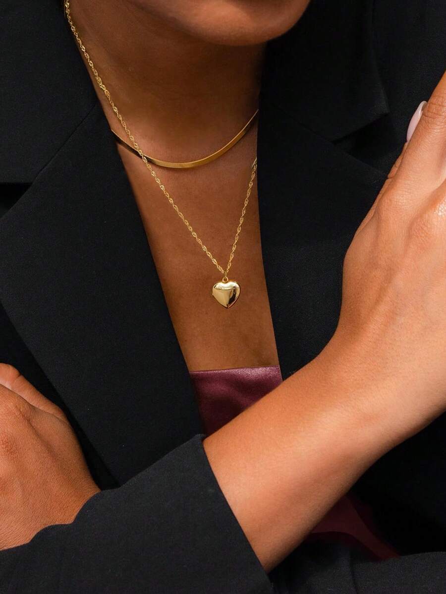 Nooxian 2 件情人节心形元素项链套装女士多层不锈钢扁平蛇链水波链纯色心形吊坠项链日常佩戴和礼物 - 金黃色 - 查看 1