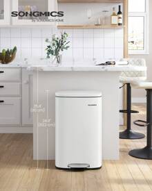 SONGMICS Kitchen Bin 50L, Pedal Bin For Kitchen, Rubbish Bin, Soft Close, Step-On Pedal, Steel, Inner Bucket, White