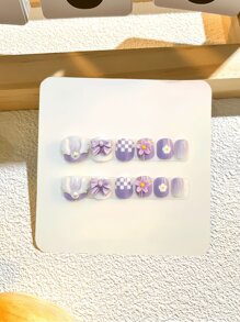 12pcs Small Square Press-On Nails 3D Embossed Purple Candy Bow Decor Cartoon Cute Shiny Flower Checkerboard Pattern Colorful False Nails, Suitable As Christmas & New Year Gift For Girls