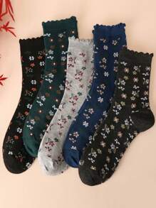 5 Pairs Women Ditsy Floral Crew Socks, Soft Comfortable Breathable Loose Fit Socks For Daily, Casual, Sports, Gifts, Suitable For All Seasons, Fall - Multicolor - View 1