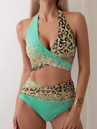 2pcs/Set Emerald Green Star Print Bikini Swimwear With Strappy Detailing, For Summer Beach Vacation