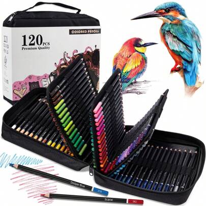 120 支彩色铅笔拉链盒套装，专业美术铅笔套装，适合高级艺术家和业余爱好者用于着色、绘画、软芯、油性、专业美术套装返校