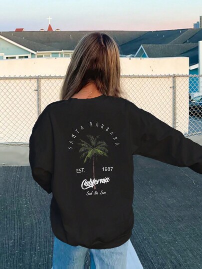 1pc Girls' Casual Coconut Tree Print Pullover Crew Neck Sweatshirt, Suitable For Outdoor Activities, Autumn/Winter
