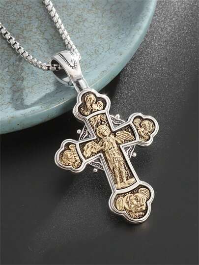 SeuSuk Vintage Saint Michael Catholic Guardian Angel Cross Pendant Necklace, Fashionable Amulet Jewelry Gift For Men And Women