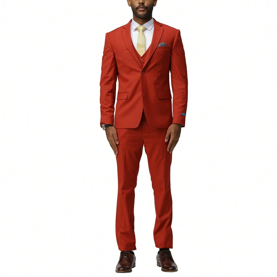 Men's Brick 3pc Solid Skinny Fit Notch Lapel Suit - 磚 - 查看 1