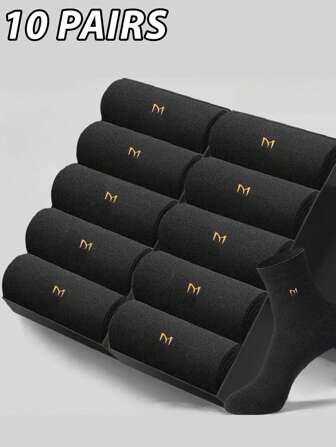 10 Pairs Men's Business Casual Socks, Antibacterial , Breathable, Moisture Wicking, Odor Resistant, Mid-Calf Crew Socks With Alphabet Pattern - Machine Washable, Fall