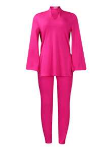 Women's Plus Size Tracksuits Outfits Solid Color V-Neck Long Sleeve Slit Hem Tops With Leggings 2 Pcs Set - Pink - View 5