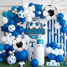 103 件/套足球主题气球拱门套件，皇家蓝和白色金属银色足球气球，生日派对装饰，结婚周年纪念，毕业运动主题派对用品 - 彩色 - 查看 3