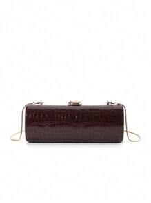 Elegant, Fashionable Wine Red Crocodile Pattern Solid Color PU Leather Clutch Box With Metal Chain For Women, Suitable For Daily Outings, Dates, Banquets, Galas, Parties, Autumn/Winter - Burgundy - View 4