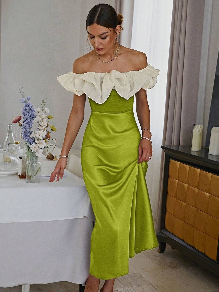 Women's Contrast Color Off Shoulder Waist Cinched Elegant French Style Dress, Wedding Guest Outfit - Green - View 1