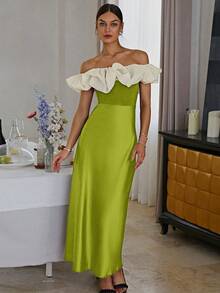 Women's Contrast Color Off Shoulder Waist Cinched Elegant French Style Dress, Wedding Guest Outfit - Green - View 2