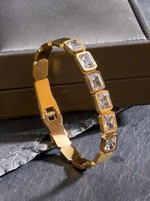 1 pieza Pulsera cuadrada elegante, clásica y versátil con circonita cúbica colorida, revestida en acero inoxidable con circonita de grado 5A, brazalete grueso dorado elegante para mujeres y niñas, regalo para cumpleaños, fiesta diaria, Día Nacional de Arabia Saudita - Multicolor - Ver 16