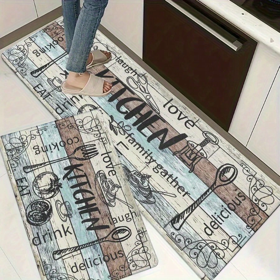1pc Vintage Versatile Wood Grain Printed Water Absorbing Non-Slip Kitchen Mat, Single Set, Dirt Resistant & Machine Washable, Kitchen/Dining Room/Entryway Decor Mat - Multicolor - View 1