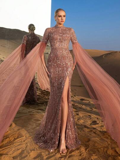 Faeriesty Robes de soirée et de cérémonie glamour à col montant avec manches extra-longues et ornées de perles