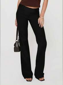 Women Low Drop Waist Casual Work Business Waist Button Design Elastic Waist Color Block Striped Long Suit Pants, Autumn/Spring, Suitable For Office, Christmas & New Year Eve Party