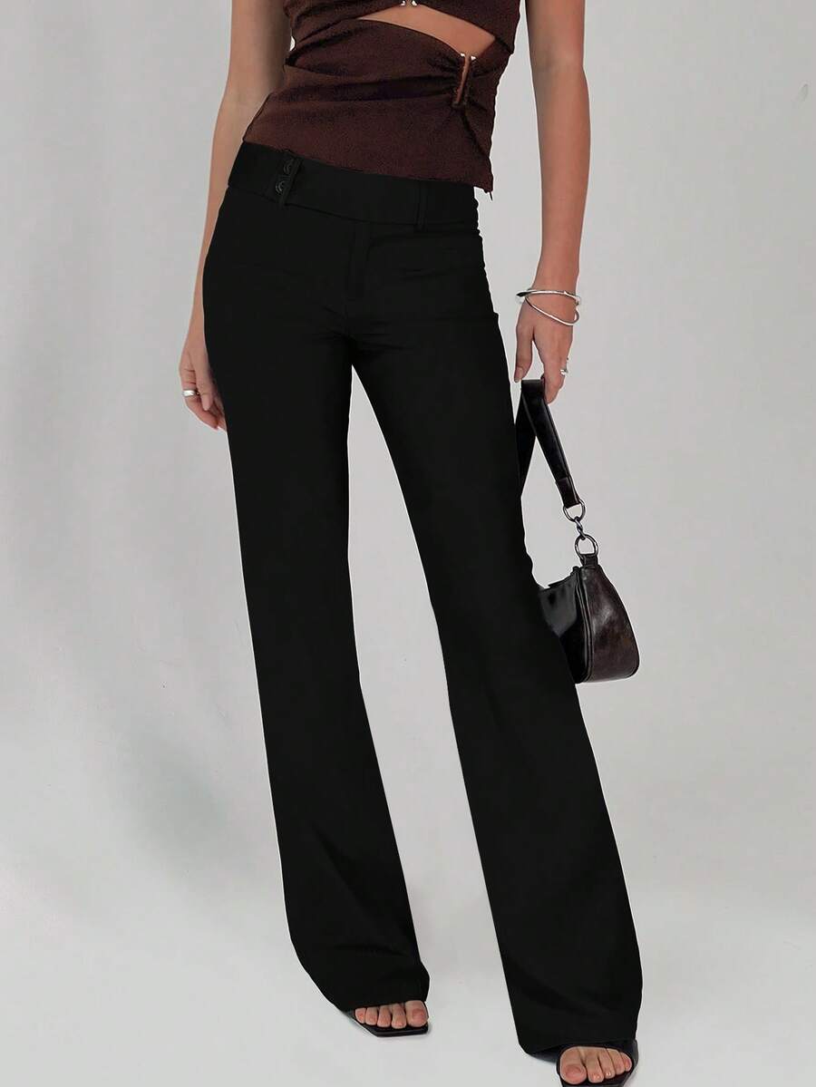 Women Low Drop Waist Casual Work Business Waist Button Design Elastic Waist Color Block Striped Long Suit Pants, Autumn/Spring, Suitable For Office, Christmas & New Year Eve Party