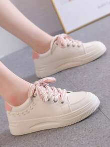 2025 Spring/Summer New White Sneakers For Women, Korean Style Casual Ins Simple Platform Thick Sole Sports Shoes, Casual Shoes, Red Loafers, Burgundy Flats, Blue Sneakers, Pink Bowknot Woven Ladies Tennis Shoes, Solid Color Fashion Cute Boho Vacation Women Shoes - Pink - View 3