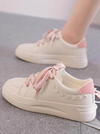 2025 Spring/Summer New White Sneakers For Women, Korean Style Casual Ins Simple Platform Thick Sole Sports Shoes, Casual Shoes, Red Loafers, Burgundy Flats, Blue Sneakers, Pink Bowknot Woven Ladies Tennis Shoes, Solid Color Fashion Cute Boho Vacation Women Shoes