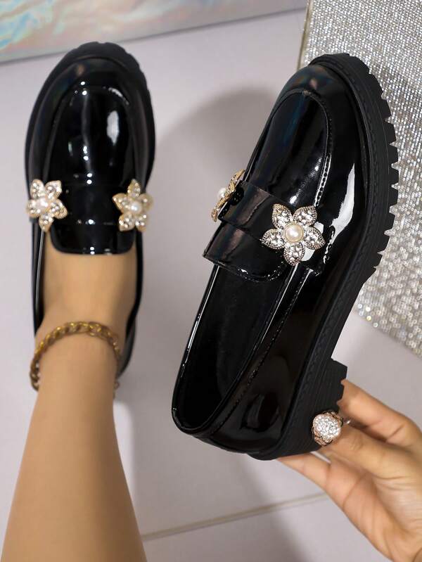 Women's Fashion Patent Leather Loafers, Black Chunky Heel British Style Work Shoes With Colorful Bow Decor