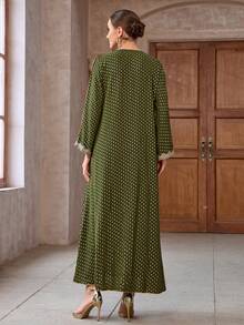 Primavara/Vara 2025 Rochie in stil arabesc cu broderie din dantela florala cu stampila aurie - Verde - Vizualizare 6