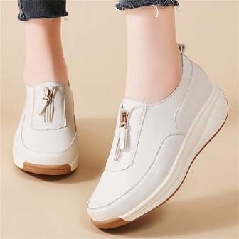 Women's PU Leather Middle-Aged Slip-On Casual Shoes, Thick Sole, Zipper Design, Plus Size, Spring/Autumn