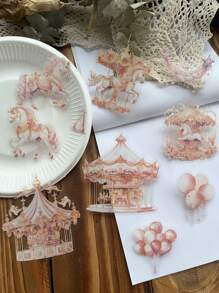 10 件/包复古大尺寸贝壳纹理 PET 贴纸、旋转木马、游乐园、日记装饰材料、剪纸贴纸、学校用品、返校