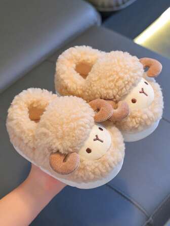 1 Pair Cute 3D Sheep Design Kids' House Slippers For Boys, Fluffy Cartoon Home Shoes For Toddlers, Winter