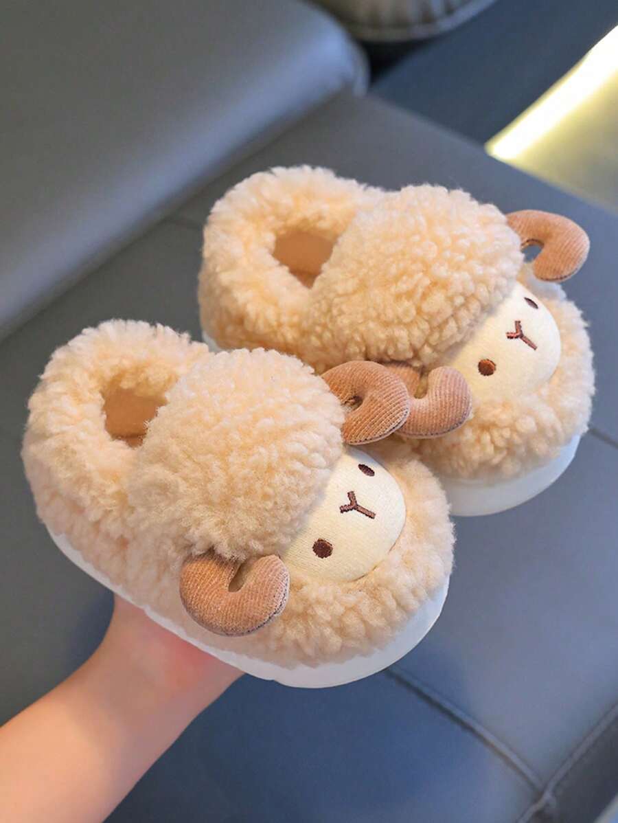 1 Pair Cute 3D Sheep Design Kids' House Slippers For Boys, Fluffy Cartoon Home Shoes For Toddlers, Winter - Coffee Brown - View 1