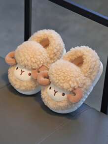 1 Pair Cute 3D Sheep Design Kids' House Slippers For Boys, Fluffy Cartoon Home Shoes For Toddlers, Winter - Coffee Brown - View 6