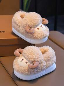 1 Pair Cute 3D Sheep Design Kids' House Slippers For Boys, Fluffy Cartoon Home Shoes For Toddlers, Winter - Coffee Brown - View 2