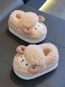 1 Pair Cute 3D Sheep Design Kids' House Slippers For Boys, Fluffy Cartoon Home Shoes For Toddlers, Winter - Coffee Brown - View 5