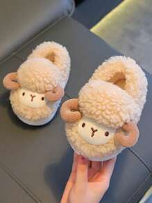 1 Pair Cute 3D Sheep Design Kids' House Slippers For Boys, Fluffy Cartoon Home Shoes For Toddlers, Winter - Coffee Brown - View 4