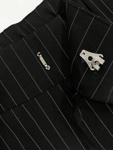 女士低腰休闲商务工作裤，腰部纽扣设计，松紧腰带，撞色条纹长款西装裤，适合秋冬季节，适合办公室、圣诞节和新年派对等场合，优雅百搭。 - 黑條紋 - 查看 6