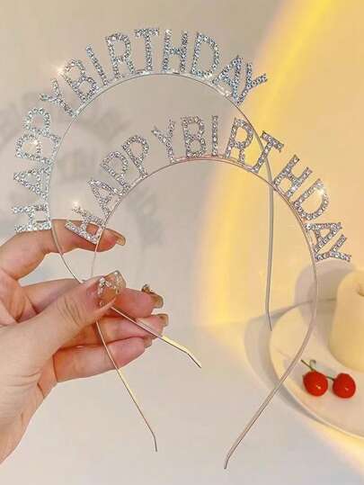 1pc Zinc Alloy Rhinestone "Happy Birthday" Crown Hair Hoop, Party & Photo Decoration Accessory