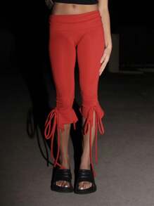 Women Capri Pants Solid Color Elastic Waist Tie-Up Summer Casual Cropped Pants Stretch Crop Leggings - 紅色 - 查看 2