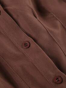 Women Short Sleeve Shirts Solid Color Pleated Buttons Fashion Blouses Summer Slim Casual Tops Streetwear - màu nâu - Xem 7