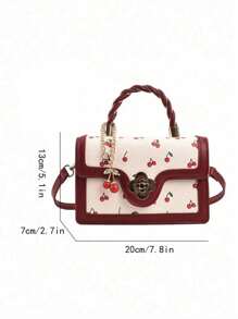 Burgundy Red,Anchor Red,Bordeaux Red,Ruby Red,Maroon,Crimson,Cherry Color Burgundy Fashionable High-End Ladies Square-Shaped PU Handbag, Multifunctional Cute Cherry Printed Shoulder Bag, Suitable For Shopping, Dating, Crossbody Bag For Girls, Kawaii Cherry Elements - Multicolor - View 7