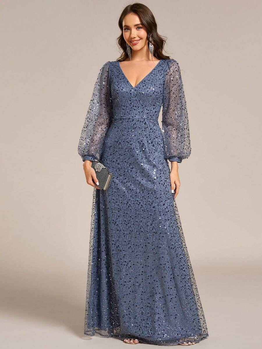 EVERPRETTY Vestido de noche azul claro con mangas farol, cuello en V profundo y decoración de lentejuelas, adecuado para ocasiones especiales, otoño/invierno