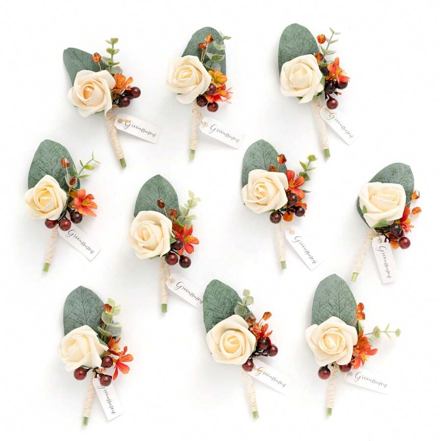 Artificial Flowers Boutonniere For Men,Groom Groomsmen Boutonniere, Artificial Flowers Decor For Wedding Decor/Prom/Homecoming, Etc.Wedding Bouquet Centerpieces Party Tables Home Decorations Party Favors Room Decor Bride