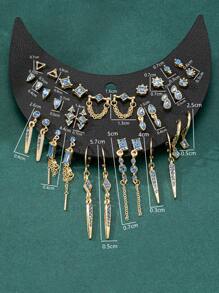 17 Pairs/Set Retro-Style Minimalist Multiple Rhinestone Small Stud Earrings, Niche Design, European American Style - Blue - View 5