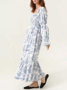 Women's Floral Maxi Dress Y2k Off Shoulder Puff Sleeve High Waist Long Dresses Summer Casual Sundress - 藍色 - 查看 2