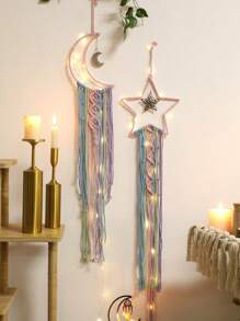 Set de 2 atrapasueños tejidos a mano con estrellas y luna, decoración de pared bohemia, arte de pared, decoración colgante adecuada para el hogar, la boda, la sala de estar, el dormitorio y regalos festivos (sin luz), decoración del hogar, decoración de la habitación, decoración de pared
