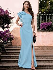 Women's Elegant Off Shoulder Long Dress Asymmetrical Sleeve Detail Leg Slit Casual Dress - 藍色 - 查看 2