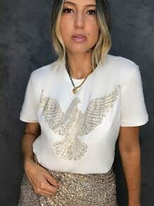 Blouse T-Shirt Divine Holy Spirit Faded With Shiny Rhinestones Cotton Mesh - White - View 3