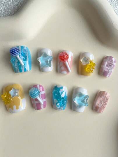 10 Pieces Of Short Coffin Armor Macaron Color Series, Color Blending Grid Pattern, Lollipop, Star, Rhinestone, Little Bear, Rhinestone, Cute Summer Refreshing, Detachable Nail Fake Piece, Fully Covered Nail Set Suitable For Office Workers, Students, Parties, Girls, All Seasons, Daily Wear, Press On Wear, Reusable Press On Nails Nail Supplies Nails