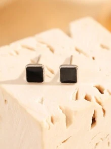 S999 Pure Silver Square Earrings For Women, Black Oil Drop Compact And Delicate Design, Hypoallergenic Suitable For Daily Wear